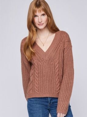 Gentle Fawn Cable Knit V-Neck Sweater in Mauve